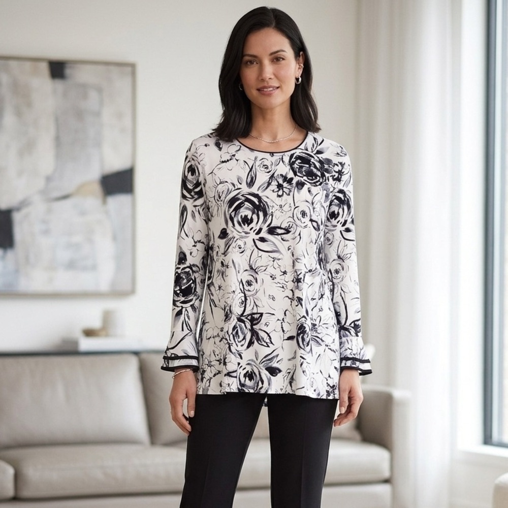 NWT Karl Lagerfeld Paris Floral Bell Sleeve Tunic Blouse XL Black White